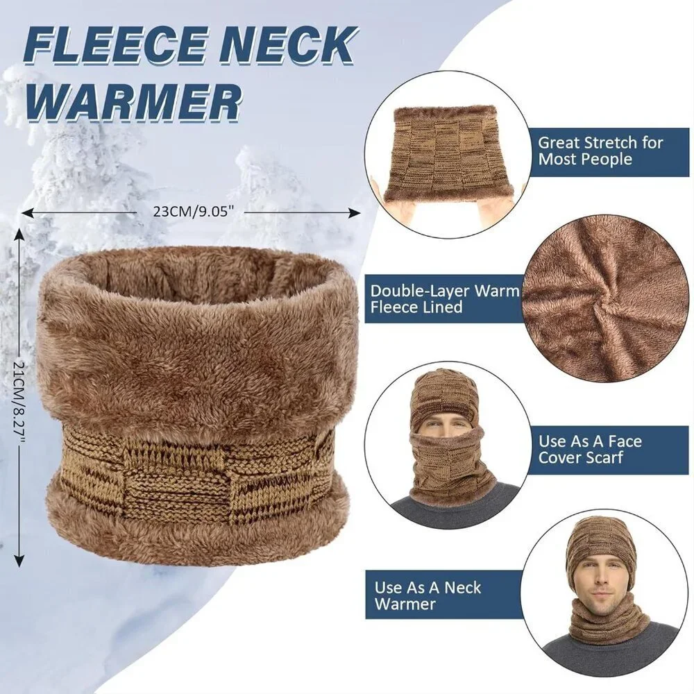 Men's Khaki Winter Warm Knit Skull Cap Neck Warmer Fleece Lined Hats Scarf Set